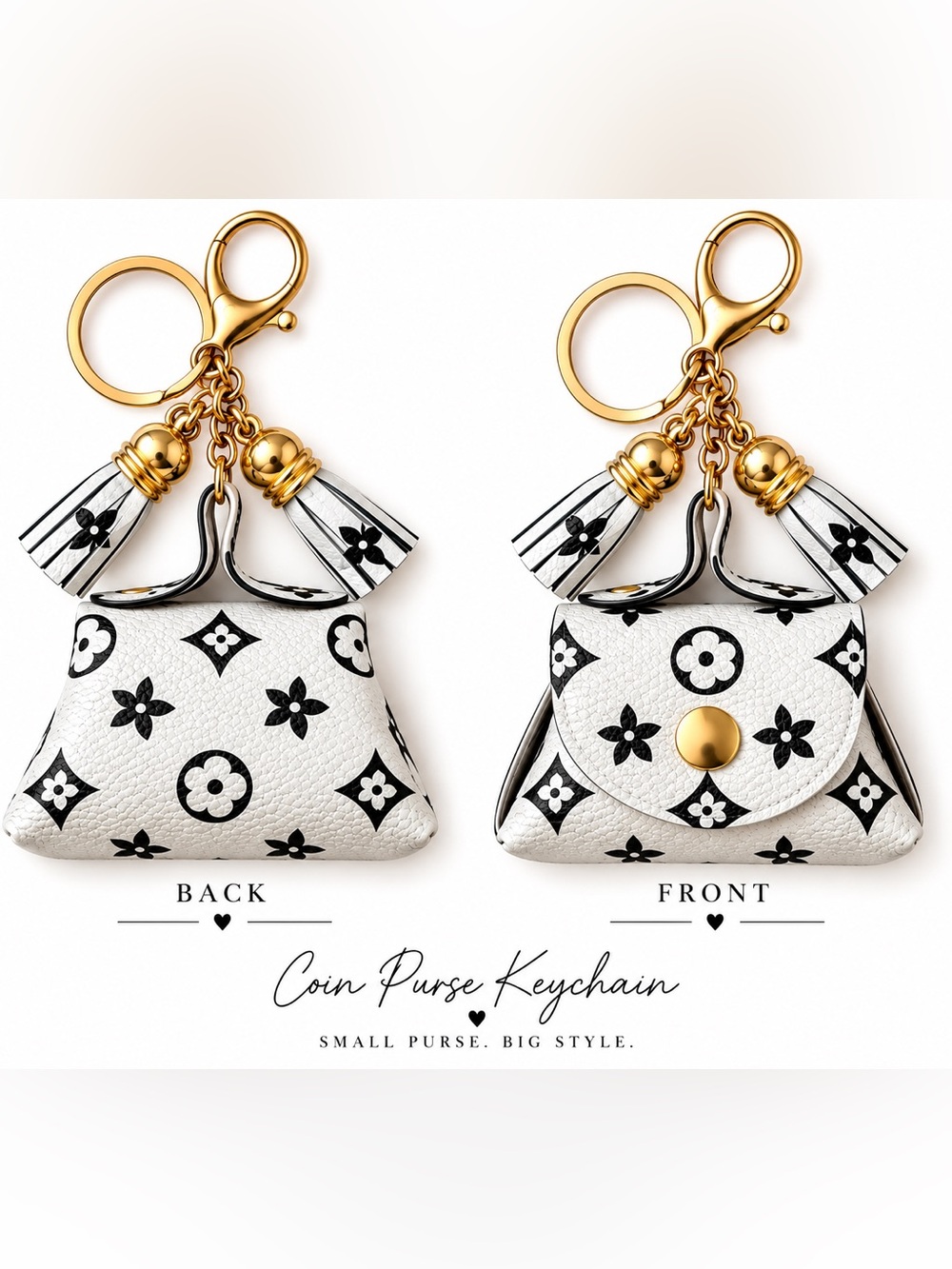 Luxury White & Black Monogram Coin Purse Keychain